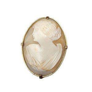 10k Authentic Shell Lady Cameo Brooch Pendant Vintage Solid Yellow Gold Frame